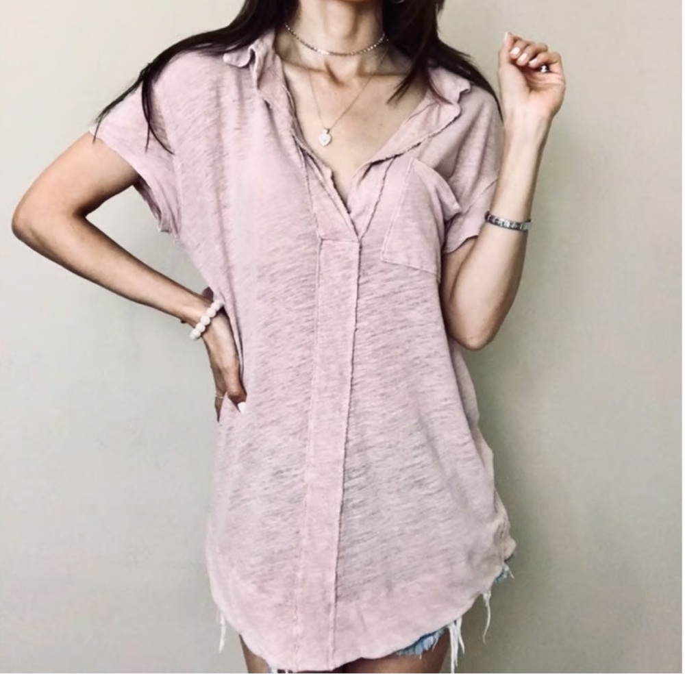 Free People The Posh Tee Oversized Linen Distressed Polo Henley Desert Rose